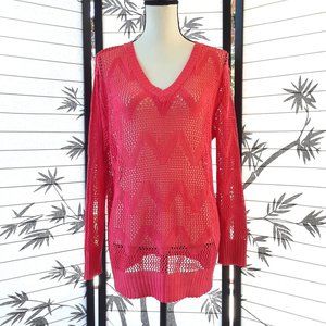 Neon Coral Chevron Crochet Mesh Sheer Long Sleeved Top
